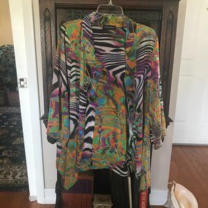 TRAVEL ELEMENTS: BLACK AND ORANGE OPEN FRONT CAFTAN SIZE LARGE